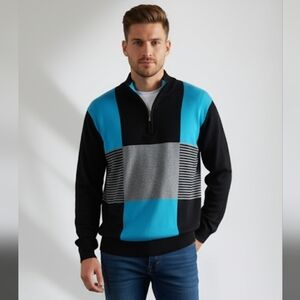SHOOT Collection Geometric Colorblock Quarter-Zip Sweater Black/Blue/Gray XXL
